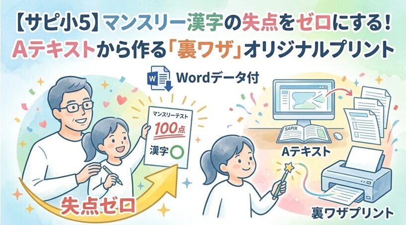 漢字の失点を防ぐためのオリジナルプリントを紹介するイラスト