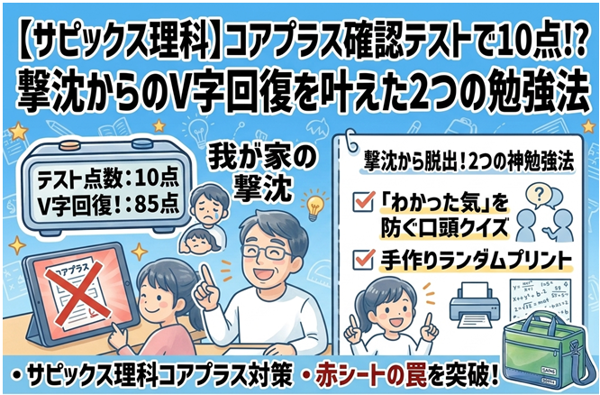 コアプラスの勉強方法を説明する親子のイラスト