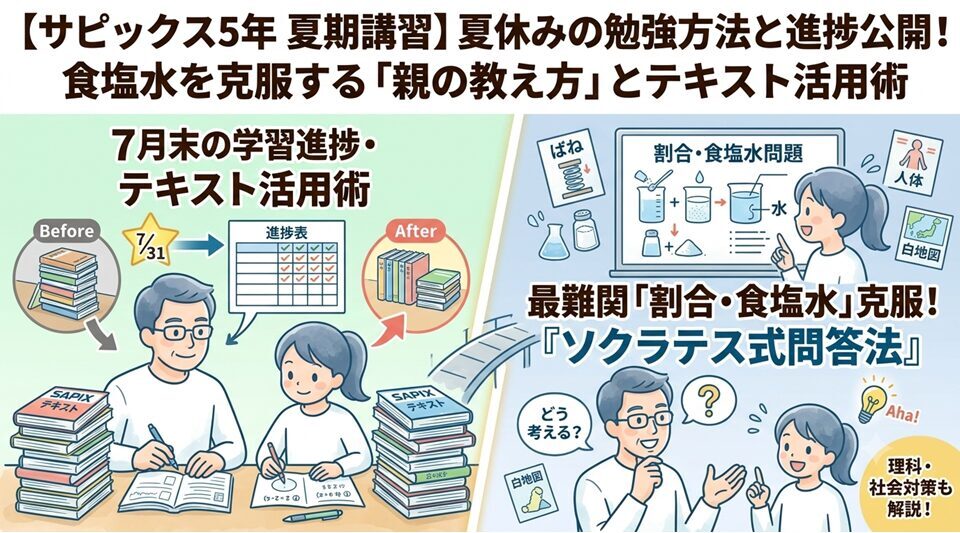 夏休みの進捗を確認する親子のイラスト